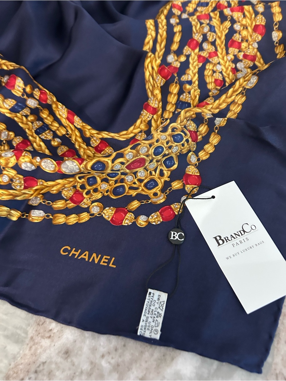 CHANEL Navy Silk Jewel Scarf with Gold Chain and Red & Blue Accents